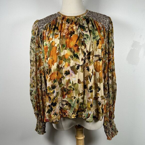 Bl^nk London Anthropologie Sequin Embellished Small Yellow Gold Blouse Floral - Picture 2 of 9